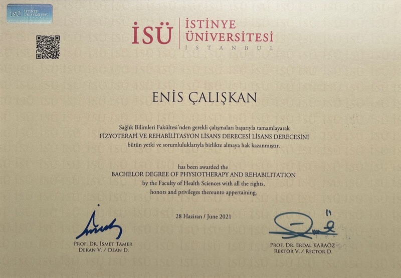 İstinye Üniversitesi Fizyoterapi ve Rehabilitasyon Lisans Diploması